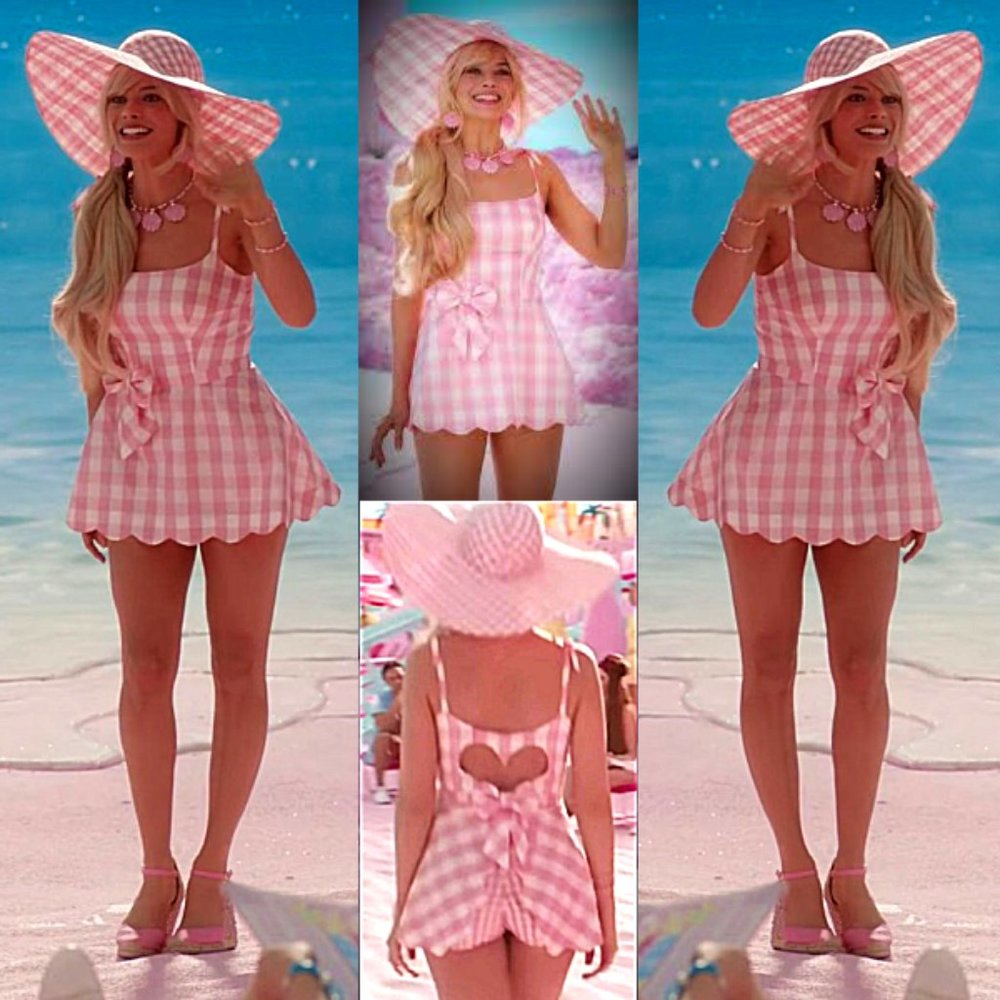 NWT Adorable Barbie Movie Pink Box Gingham Plaid Romper Halloween Costumes - Picture 3 of 12